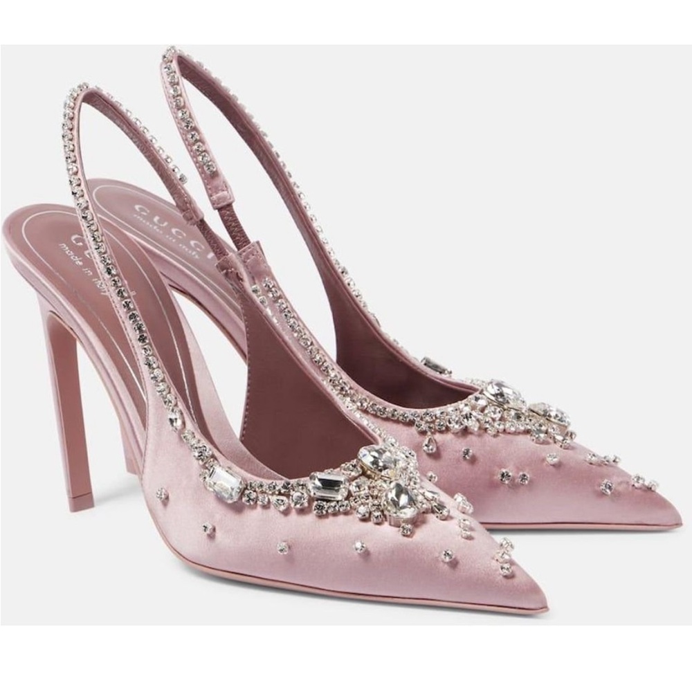 Gucci Talia 105 embellished satin slingback pumps